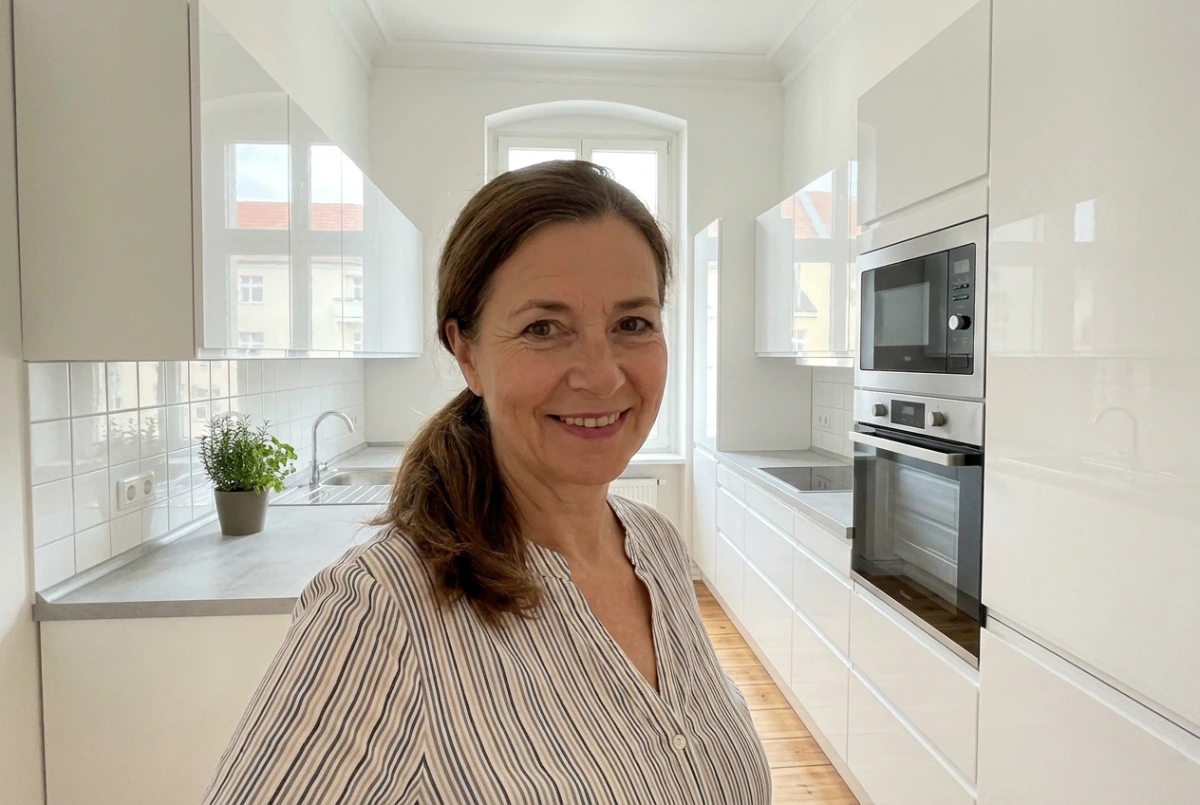 Christa in ihrer neuen zweizeiligen Küche
